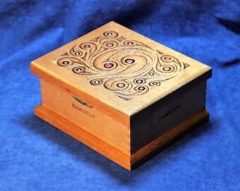 Wooden Keepsake Box, Re-Purposed Cigar Box, Pyrography + Carving + Tinting - "Harmony" OOAK (Box No. 623)