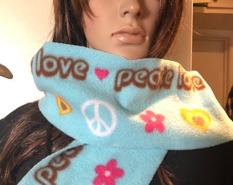 Hippie Peace Love Fleece Scarf Teen-Adult Size 5-3/4"x60" Ready to Ship