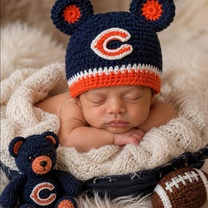 Crochet Chicago Bears Baby Beanie, Football Hat, Bear Ears