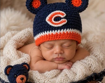 Bonnet bébé Chicago Bears au crochet, chapeau de football, oreilles d'ours