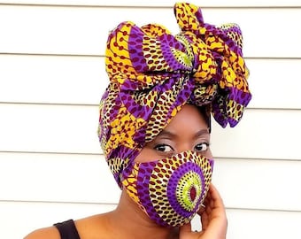 African Headwrap and Face Mask, Ankara Headwrap, Ankara Face Mask, Gele, Wax Head Tie, Foulard, Kitenge Headwrap, Ankara Crown, Head Scarf