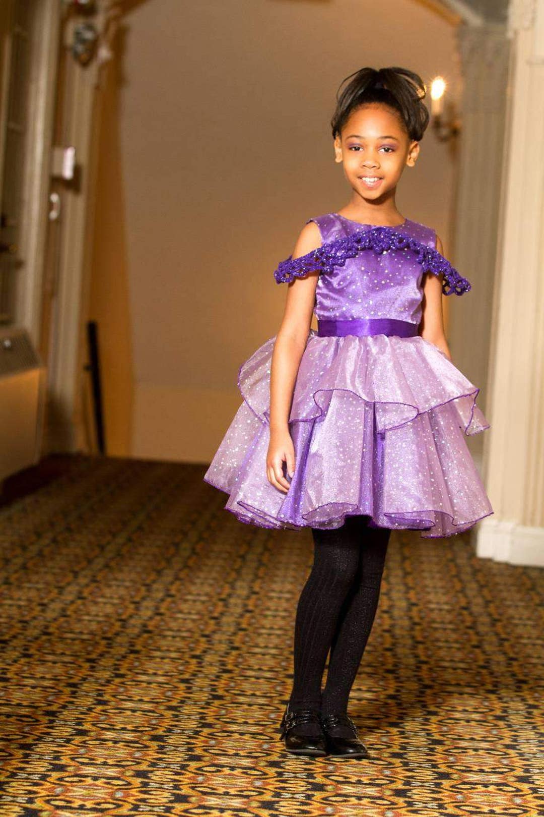 Purple Organza Flower Girl Dress, Crocheted Lace Bodice