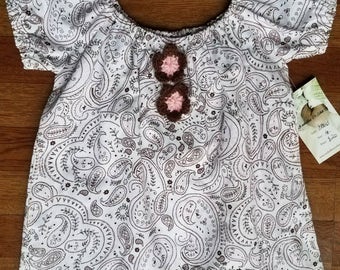 Girls Cotton Peasant Top with Crochet Flowers