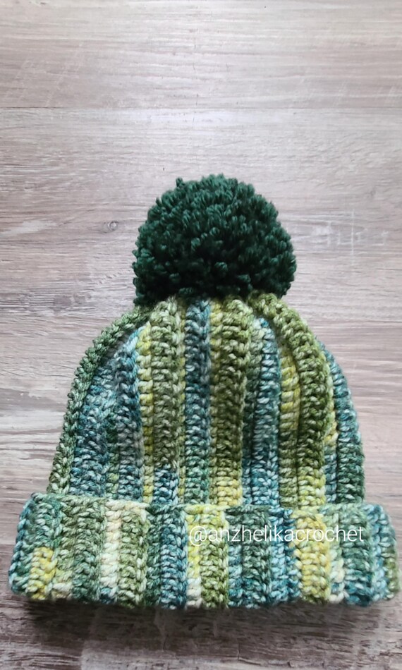 Handmade Green Crochet Slochy Pom Pom‎ Beanie Hat Crocheted Slouchy Beanie: Green Wool Blend Pom Hat - Etsy main image 3