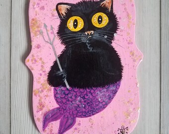 Pink sparkling black cat mermaid with purple tail, hand painted on scalloped wood