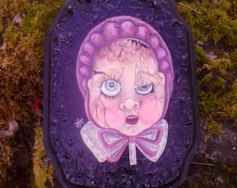 Scary cracked vintage doll face painting on 2D gothic style wood piece