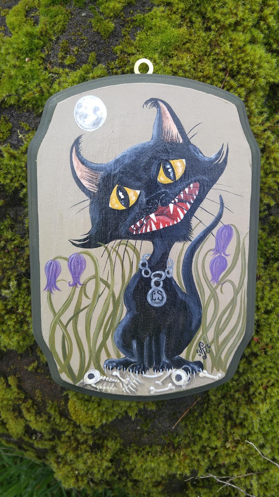 Black cat 'Lucifer Sam' hand painted on wood piece