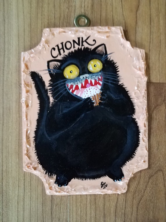Gato negro gordo comiendo un pastel Chonk pintado - Etsy España