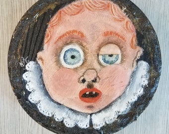 Creepy antique doll head baby hand painted original on reclaimed wood with textured edging