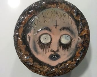 Haunted Baby Face cracked head Wall art Hand Painted on Round Wood Block with textured edging