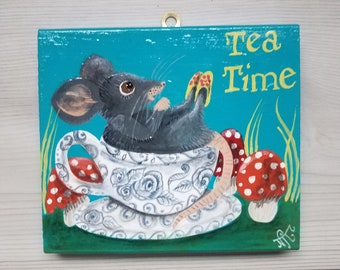 Little rat in a tea cup amongst the toadstools "tea time" hand painted art sign