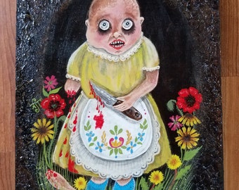 Poor little Rosie wrong in the head, cutting up flowers chopped her arm off instead. Oil pastels and acrylics on wood with textured edge