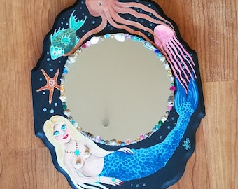 Mermaid and Sea creatures hand painted wooden mirror
