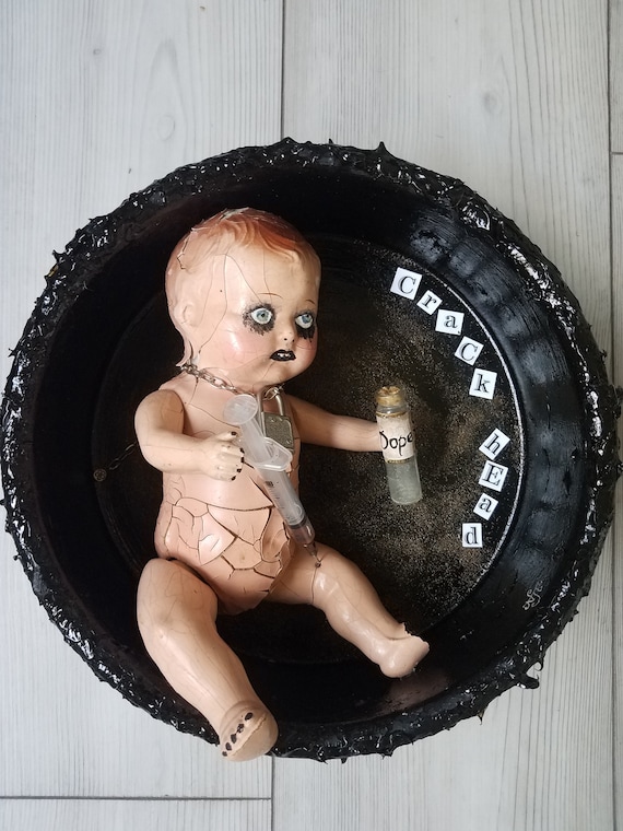 Crack Head Assemblage Antique Composite Doll With a Little Bottle Titled Dope and Syringe in Its Leg. in a Black Spiked Box Wall Hanging Etsy Australia