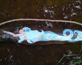 Sale!! Blue haired blue mermaid hand painted on driftwood piece
