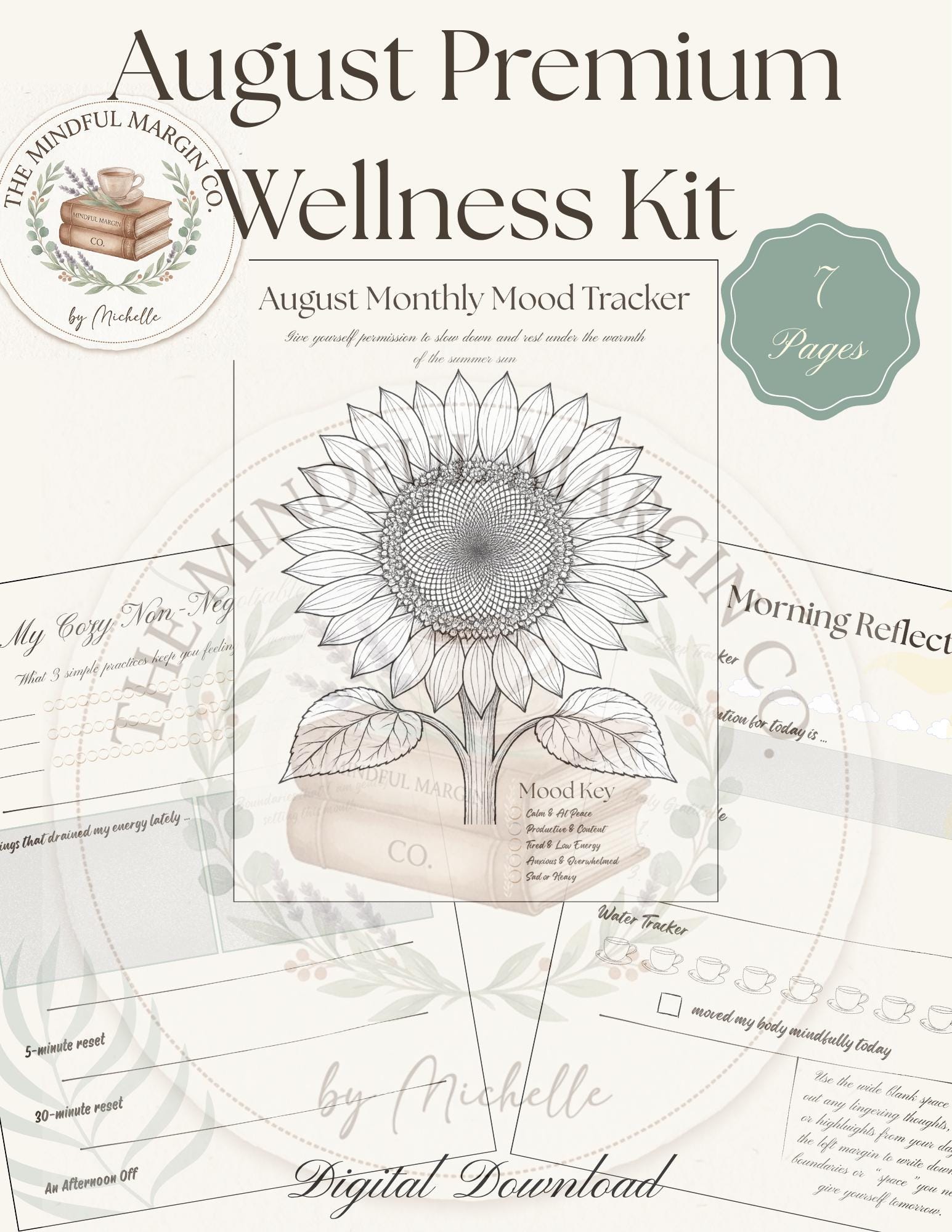 August Mood Tracker, Reflection Journal, Habit Tracker (Digital Download)