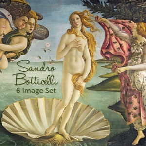 Puede incluir: Una pintura de Sandro Botticelli titulada "El nacimiento de Venus". La pintura representa a una mujer desnuda de pie sobre una concha de vieira gigante. Está rodeada de flores y vegetación. La pintura está ambientada en un cielo azul con nubes. El texto "Sandro Botticelli 6 Image Set" es visible en la esquina inferior izquierda de la pintura.