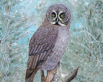 Great Gray Owl Strix Original Drawing Print Decor Halloween Bird Art Wildlife