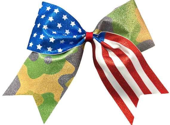 Chixx Hair Bows-USA Flag Stars Stripes Patriotic Camouflage Cheer Dance Competition Softball Soccer Bows 7" x 7" - Shipped from the U.S.A.