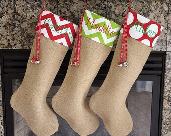 Personalized Burlap Stocking Burlap Christmas Stocking Choose your Cuff Fabrics