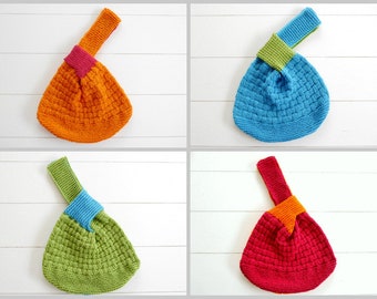 May include: Four knitted tote bags in different colors. The bags are made with a textured stitch and have a knotted handle. The colors are orange, blue, green, and red.