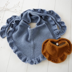May include: Two knitted scarves, one blue with a ruffled edge and one brown with a ruffled edge.