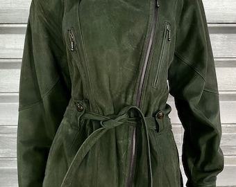 MARCO POLO Vintage Green Leather Belted Zipper Coat Jacket