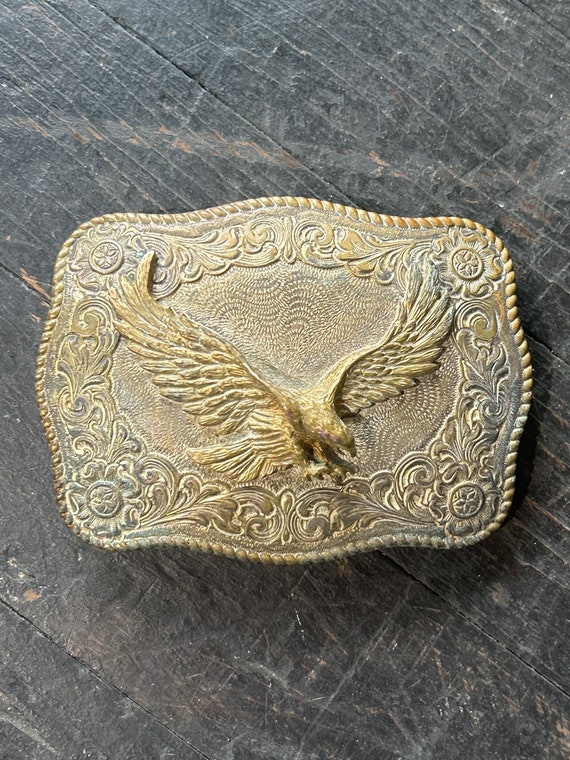 Vintage Brass Handmade Etched Eagle Belt Buckle