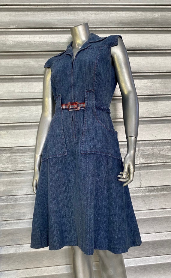 JODY T Vintage Denim Plaid Belted Sleeveless Dress