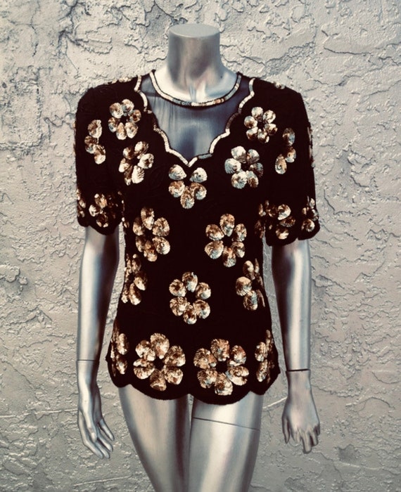 STENAY Vintage Short Sleeve Black Silk Beaded Gol… - image 1