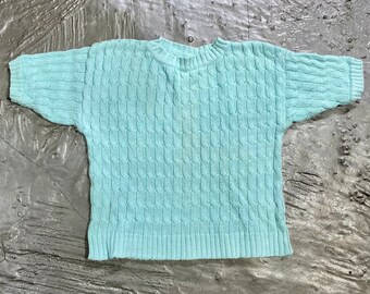 Vintage Aqua Cable Knit Woven Short Sleeve Sweater Top