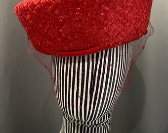 JOSEPH MAGNIN Vintage Pillbox Red Basked Weaved Ribbon and  display picture 2