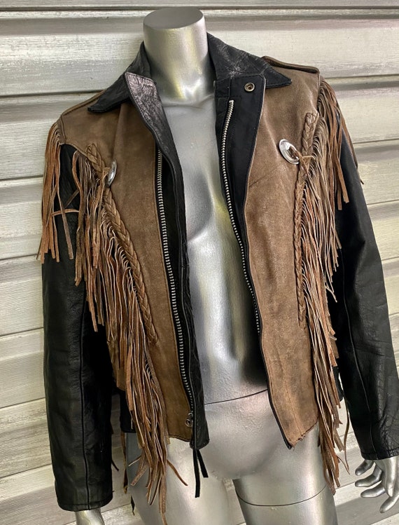 Vintage Black Distressed Leather Fringe Western M… - image 6