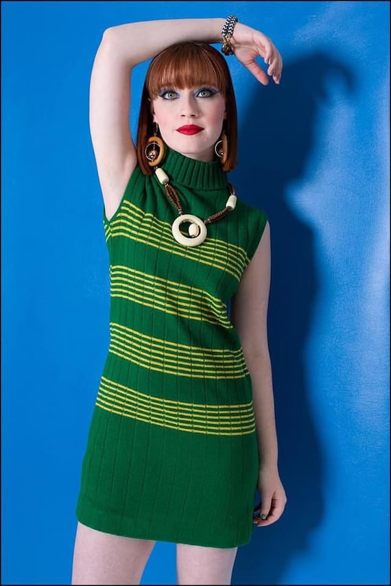 SWING-SET Vintage Sleeveless Green Striped Yellow… - image 1