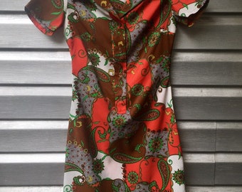 Vintage Handmade Short Sleeve Collar Paisley Floral Print Dress