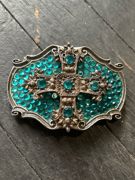Ornate Silver and Turquoise Cross Belt Buckle Vintage silver tone cross belt buckle with hand painted  main image 2