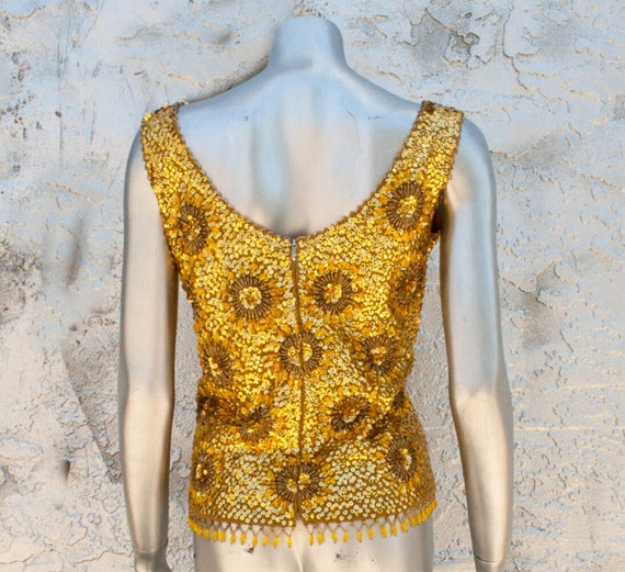 Vintage Knit Gold Sequin Beaded Fringe Sunflower … - image 2