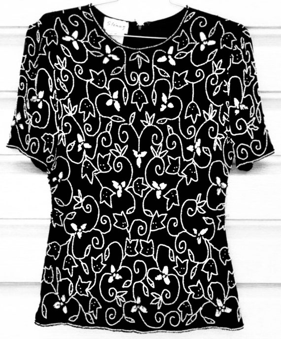 STENAY Vintage Black Silk White Beaded Floral Top - image 2