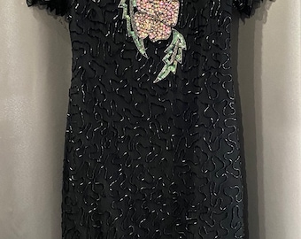 SCALA Vintage Black Silk Sequin Beaded Sheath Dress