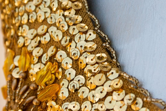 Vintage Knit Gold Sequin Beaded Fringe Sunflower … - image 4