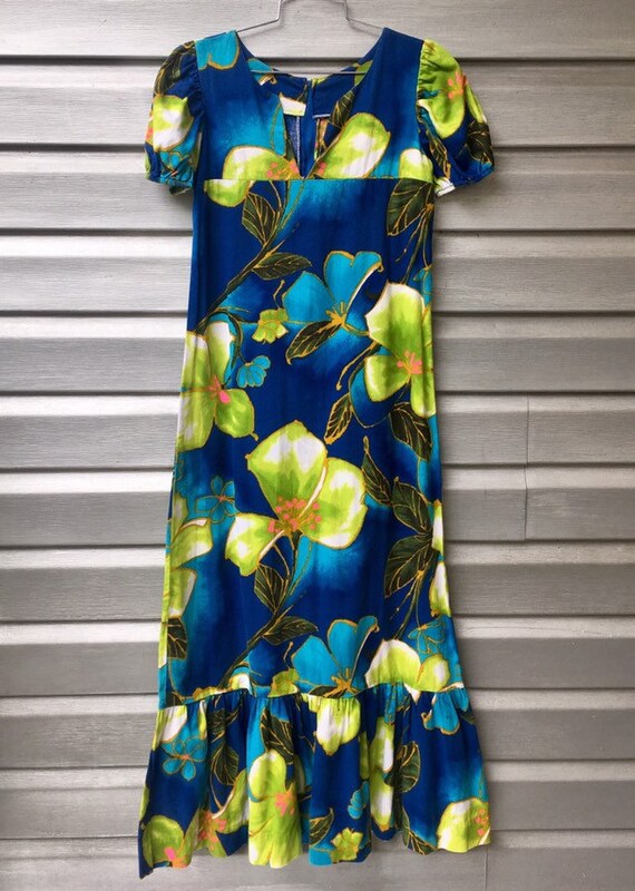 Handmade Vintage Blue Hawaiian Floral Print Mumu D