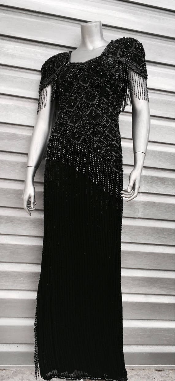 NADINE Vintage Black Silk Cap Sleeve Beaded Fring… - image 6