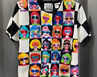 MICHAEL SIMON Vintage People Wearable Art Knit Face Short Sleeve Sweater Top RARE!!