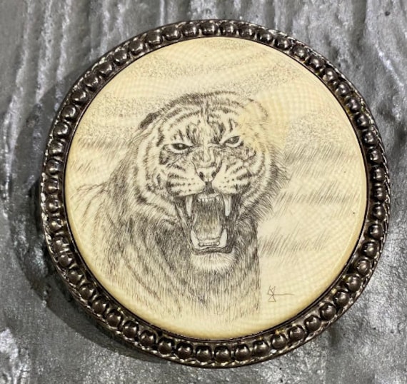 Vintage Handmade Etched Tiger Sterling Silver Belt Buckle - Etsy display picture 2