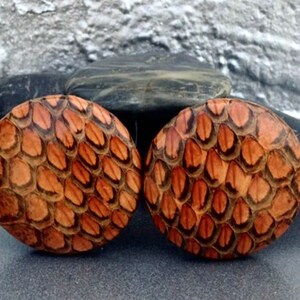 May include: A pair of round wooden earrings with a brown and orange snakeskin pattern.