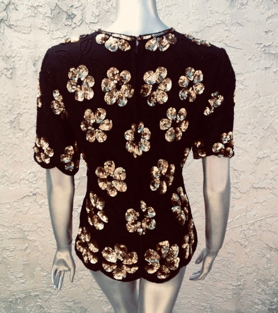 STENAY Vintage Short Sleeve Black Silk Beaded Gol… - image 3