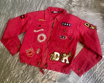 DKNY Donna Karan Vintage Red Denim Letterman Custom Patch