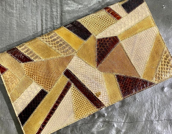 VARON Vintage Snakeskin Patchwork Leather Clutch … - image 3