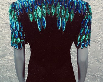 STENAY Vintage Manga Corta Seda Negra Con Cuentas Verde Azul Lentejuelas Top