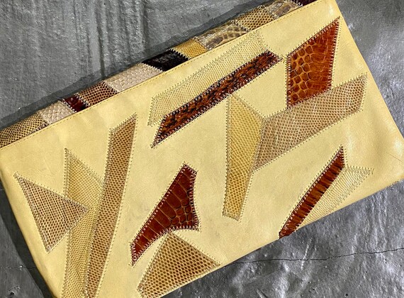 VARON Vintage Snakeskin Patchwork Leather Clutch … - image 2